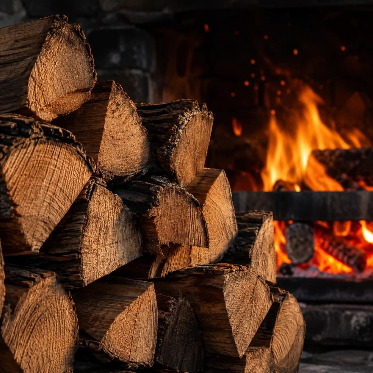Bûches de chauffage calibrées devant le feu